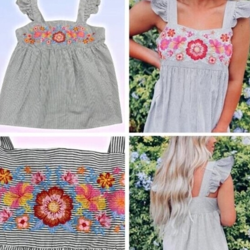 SAVANNA JANE Striped Floral Embroidered Square Neck Flutter Sleeve Top Sz Medium